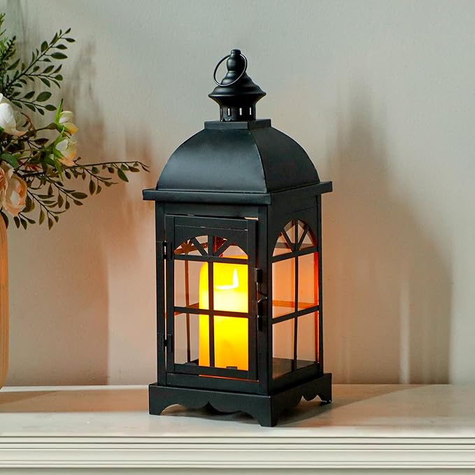 TRIROCKS Decorative Vintage Candle Lanterns 14.5" H Farmhouse Outdoor Hanging Lanterns with Tempered Glass for Porch, Balcony, Patio, Home, Centerpieces, Indoor, Outdoor(Black)-Ruum Studio Home