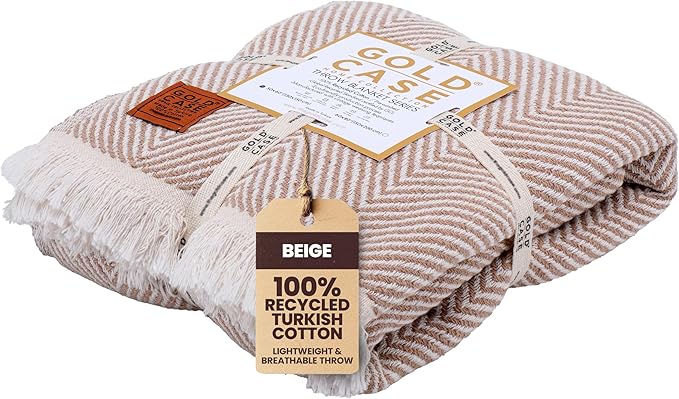 Gold Case Throw Blanket for Couch – 100% Recycled Turkish Cotton Blankets & Throws – Elegant Decorative Throw Blankets for Living Room Sofa – Woven Throws for Couch – Elegant Beige – 60x80-Ruum Studio Home