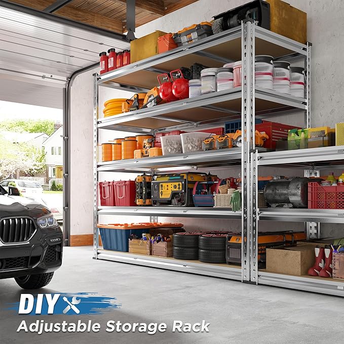 REIBII Garage Shelving, 5 Tier Storage Shelves Load 3000LBS, Adjustable Garage Shelving Heavy Duty, Metal Shelves Unit for Basement, Warehouse, 48" W x 72" H x 18" D, Galvanized-Ruum Studio Home