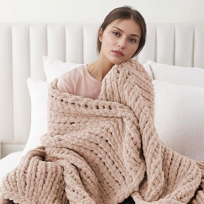 Battilo Chunky Knit Throw Blanket, Soft and Thick Chenille Throw Blanket, 50"x60" Handmade Cable Knit Crochet Blanket, Large Rope Knot Throw Blankets for Couch Sofa Bed Home Decor, Pink-Ruum Studio Home
