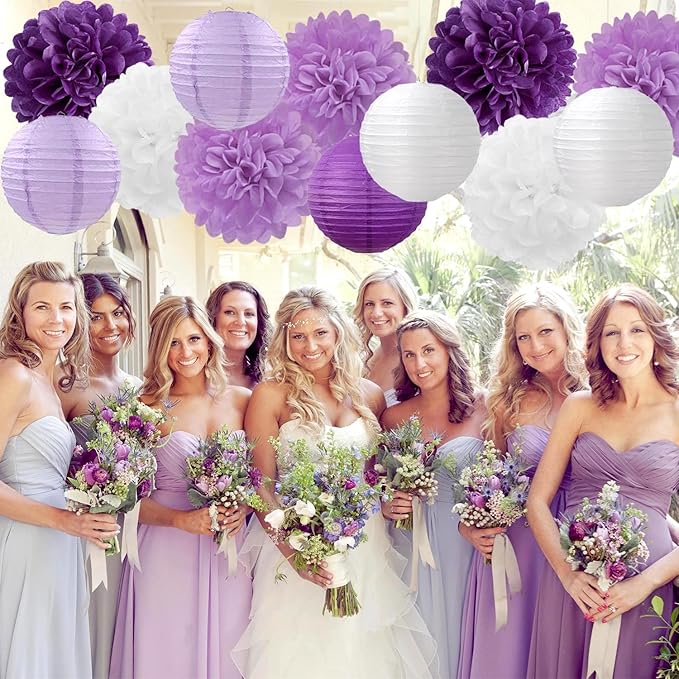 Purple-White Lavender Party Decorations Paper Flowers Lanterns - 15PCS Birthday Graduation Tissue Pom Poms Streamers, Baby Bridal Shower Wedding Retirement Bachelorette Hanging Supplies Decor Hugfond-Ruum Studio Home