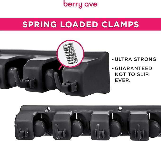 Combo 5 Slot Broom Holder w/ 1 Self Adhesive Mop Gripper No-Drilling, Wall Mount Tool Organizers For Kitchen, Garage, Laundry Room- Anti-Slip Hanger For Brooms, Mops, Rakes, Dustpans (Black / Black)-Ruum Studio Home