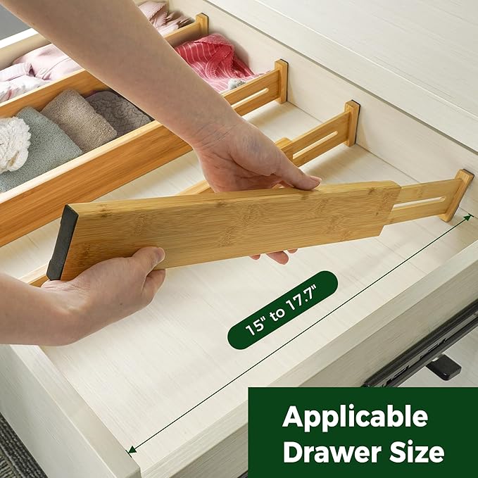Utoplike Small Bamboo Kitchen Drawer Dividers(Fits 15"-17.7" Drawer Inner Size), 4 PCS Adjustable Drawer Organizers for Socks, Spring Loaded, Works in Drawer for Bedroom, Dresser-Ruum Studio Home