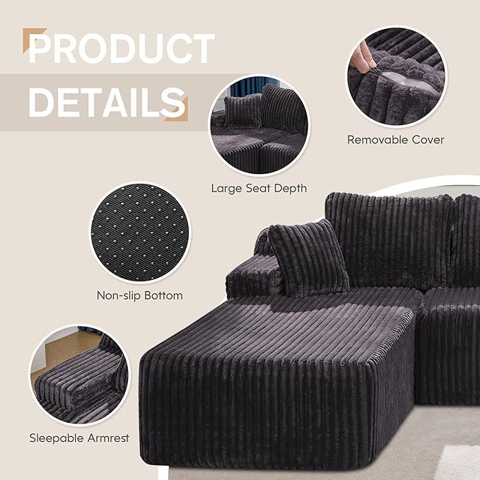 Hobestluk Modular Sectional Sofa Couches 108" L-Shape Couch 3 Seat Modular Sofa Memory Foam Sectional Couches for Living Room, Boneless Couch with Oversized Chaise (Grey, Left Facing)-Ruum Studio Home