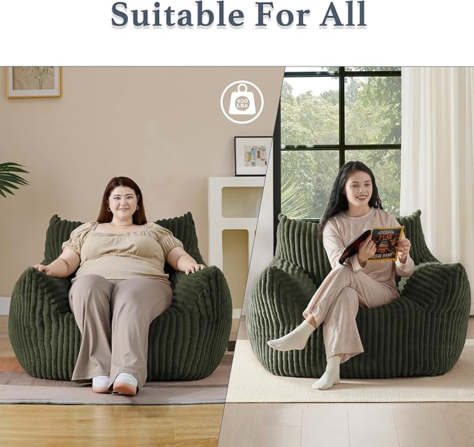 Giant Plush Bean Bag Chair for Adults with Armrests - Oversized Comfy Green Beanbag Lounge Lazy Floor Sofa Accent Chair for Living Room, Bedroom & Dorm, Cozy Fluffy Single Cloud Mini Couch-Ruum Studio Home