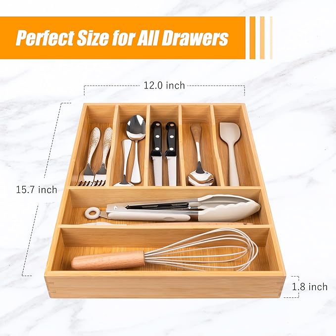 Bellsal Bamboo Silverware Drawer Organizer, Kitchen Utensil Drawer Organizers, 12"x15.7" Utensils Holder Cutlery Tray with Grooved Drawer Dividers for Kitchen Flatware Bedroom Office(7 Slot, Natural)-Ruum Studio Home