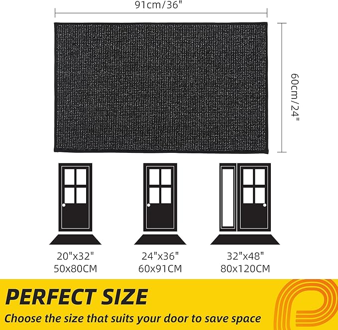 JSEI Dirt Trapper Door Mat 24"x36" Non-Slip Washable Entrance Mat, Dog Doormats, Absorbent & Fade-Resistant Floor Mats, Low Profile Welcome Mats for Entryway, Front Door, and Inside Entrance, Black-Ruum Studio Home
