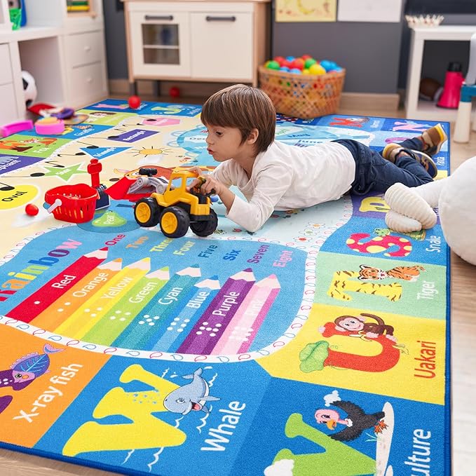 4x6 Playroom Rugs for Kids Washable, Educational and Fun Playmat with ABC Alphabet Animals Shapes Colors, Non-Slip Play Mat Learning Rugs for Baby Toddler Children Game Activity, Blue-Ruum Studio Home