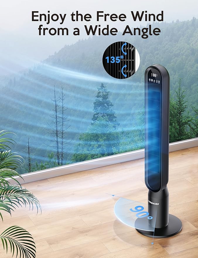 VAGKRI 42 Inch Tower Fan for Bedroom, Bladeless Quiet Floor Fan with 135° Vertical 90° Oscillation Fans for Indoors use, 4 Speeds, 4 Modes, 15H Timers Standing Fans with Remote Black-Ruum Studio Home