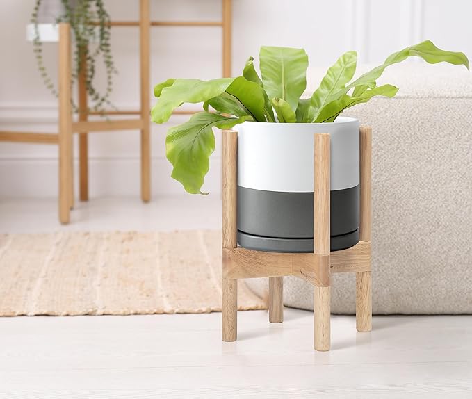 D'vine Dev Ceramic Planter with Natural Stand - 8 Inch Modern Round Flower Pot with Wood Planter Holder, White/Grey, 55-B-N-6-Ruum Studio Home