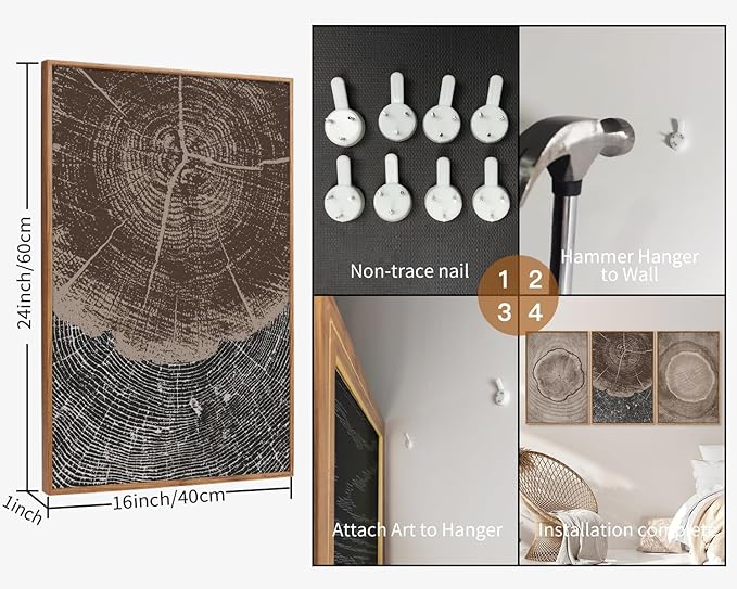 SIGNINART Beige Tree Ring Framed Canvas Wall Art Set, Abstract Black and White Rustic Wood Wall Decor, Neutral Wood Stump Artwork, Modern Art Prints for Bedroom Living Room Office 16"x24"x3-Ruum Studio Home