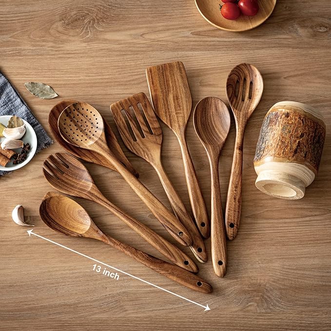 Gudamaye 13 inch Long Wooden Spoons for Cooking,Wooden Utensils for Cooking with Utensils Holder,9 PCES Wooden Kitchen Utensils Set with Utensils Holder and Spoon Rest,Natural Teak Wooden Spoons Set-Ruum Studio Home