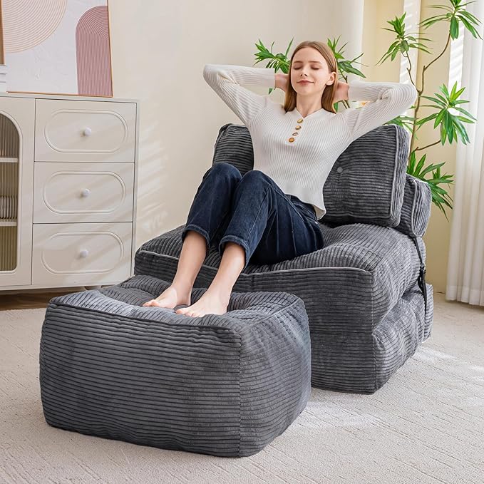 HIGOGOGO Square Stuffed Pouf Ottoman, Corduroy Poufs with Foam Chunk Filling, Furry and Fluffy Pouf Foot Stool Storage Ottoman, 25.6 X 25.6 Floor Poufs Foot Rest for Living Room, Dark Grey-Ruum Studio Home