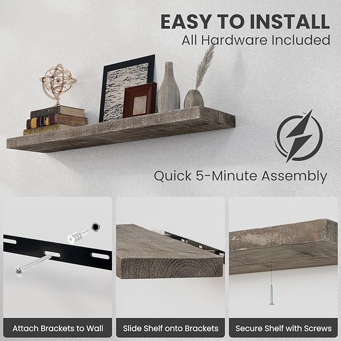 Floating Shelves Reclaimed Barnwood, 8" Deep Solid Wood Floating Shelf Wall Hanging Shelves with Invisible Heavy-Duty Metal Bracket | Wall Mounted | Farmhouse Style | 40 inches,2PCS,Grey-Ruum Studio Home
