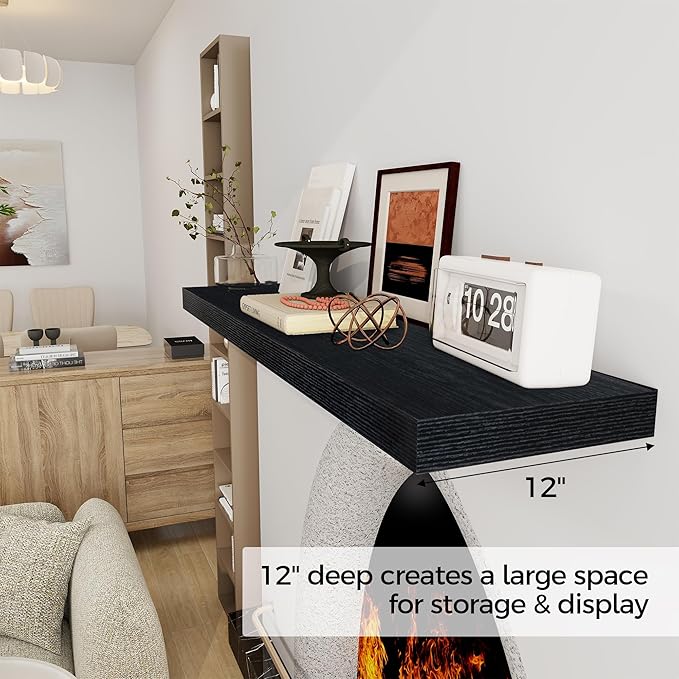 Black Floating Shelves 48 Inch Long, 12 Inch Deep Floating Shelves for Wall, 48 x 12 Large Wall Shelves for Home Storage & Display, 2" Thicked Floating Shelf for Bedroom, Living Room, 1 Pack-Ruum Studio Home