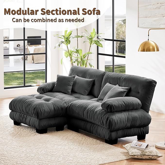 Loveseat Modular Sectional Sofa, L Shaped Couch with Ottoman, Cloud Couch Sectional Couch Home Sofa Living Room Oversized Couch Deep Seat Couch with Round Bolster Armrests 4 Pillows(Gray)-Ruum Studio Home