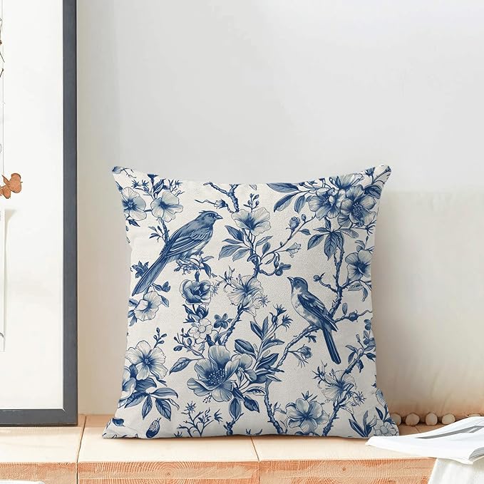 Navy Blue Spring Floral Pillow Covers 18 x 18 Inch Set of 2 for Chinoiserie Vintage Flowers Bird Decor Throw Pillows Plant Farmhouse Outdoor Decorative Cushion Cases for Couch Bed Decorations-Ruum Studio Home