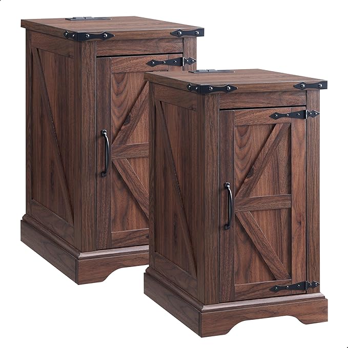 JXQTLINGMU Farmhouse Nightstand Set of 2 with Charging Station, 17" D Rectangular End Table with Barn Door & Adjustable Storage Shelf, Wood Rustic Sofa Side Table for Living Room, Bedroom, Brown-Ruum Studio Home