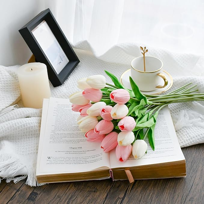 Mandy's Artificial Tulips 20 Stems White and Light Pink PU Faux Flowers for Wedding Home Decor 13.5 Inch-Ruum Studio Home