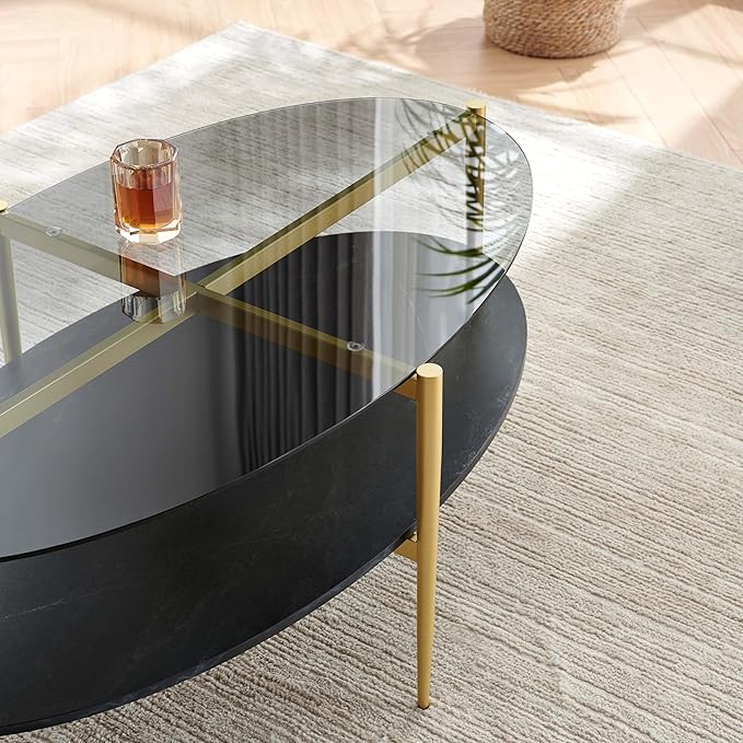 Oval Glass Coffee Table, Mid-Century Modern Design, L43 x W22 x H17 inch, Surfboard Shaped Grey Glass Top and Black Marble Finish Wood Shelf, Tapered Legs with Gold Finish Frame-Ruum Studio Home