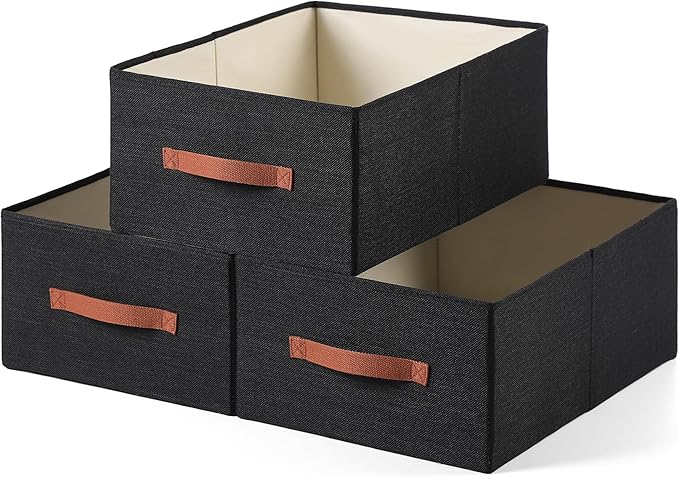linen closet organizers and storage, 3 Pack Large Storage Baskets, Washable, Clothing Storage Bins with Handle, Closet Organizer for Storage Sweater,Sheets (Black, 18½"x13½"x8½")-Ruum Studio Home