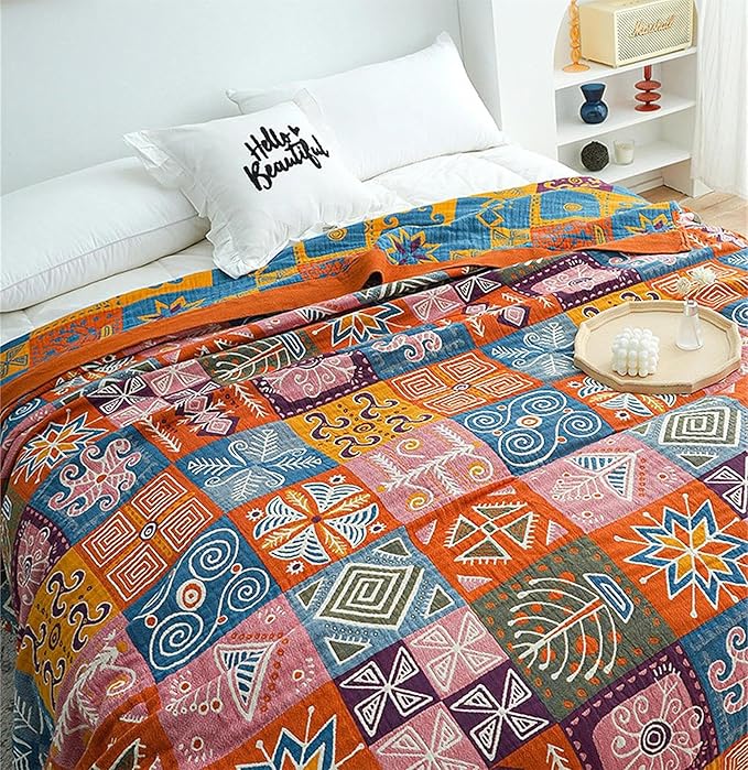 Cotton Throw Boho Blanket for Couch Bed,Cotton Quilted Boho 80''x90'' Muslin Blankets Travel Mexican Super Soft Blanket-Ruum Studio Home