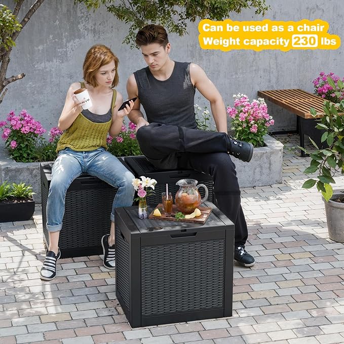 30 Gallon Wicker Pattern Resin Deck Box, Lockable Patio Outdoor Storage Box for Furniture, Garden Tools and Tools Storage, Waterproof Outside Storage Box - Black Rattan-Ruum Studio Home