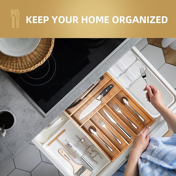 Silverware Organizer Kitchen Drawer Organizer Utensil Organizer Acacia Silverware Holder Cutlery Organizer in Drawer Flatware Organizer Tray(7 slots, Acacia-Ruum Studio Home