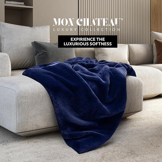 Mon Chateau Luxury Ultimate Plush Faux Fur Throw with 6cm Foldover for Couch, Sofa, or Bed - Plush Ultra Soft Blanket for Sleeping or Home Décor, 60" x 70"(Navy)-Ruum Studio Home