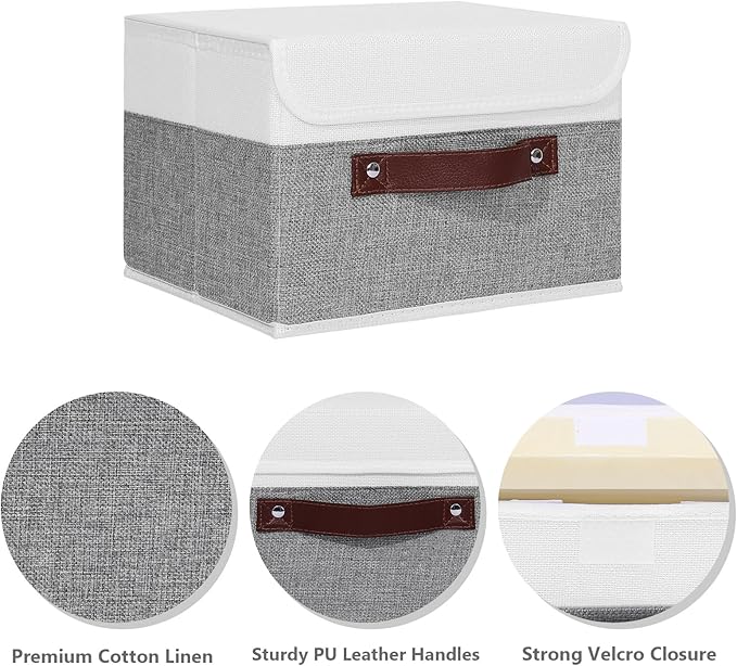 ANMINY Storage Boxes with Lids Washable Decorative Storage Bins Basket with PU Leather Handle Foldable Linen Fabric Storage Cubes Containers for Home Closet Organizer - Gray White, Small Size-Ruum Studio Home