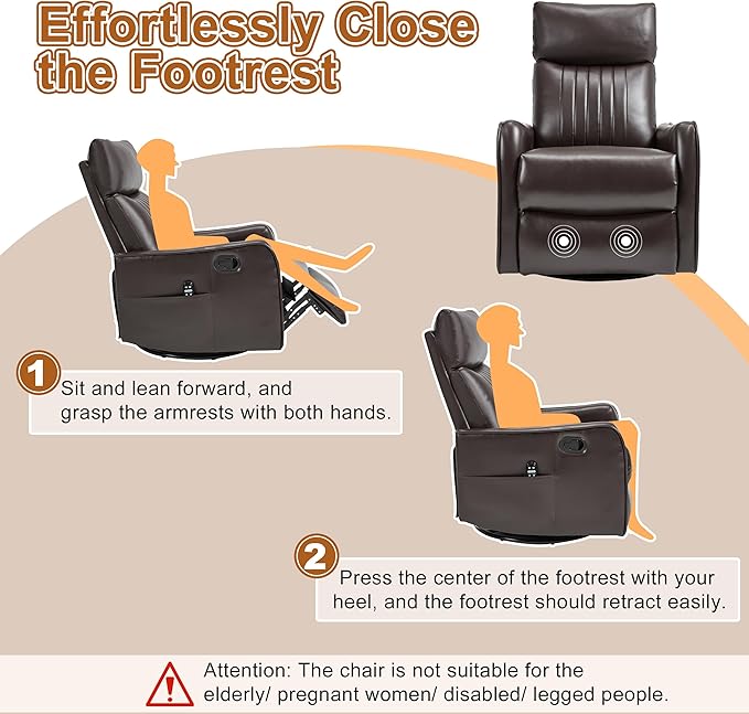 Manual Swivel Rocker Recliner Chair for Adults, Overstuffed Reclining Glider Chair for Nursing with Vibration Massage & Heat, Living Room Rocking Recliner 2-Stage backrest, Faux Leather Brown-Ruum Studio Home