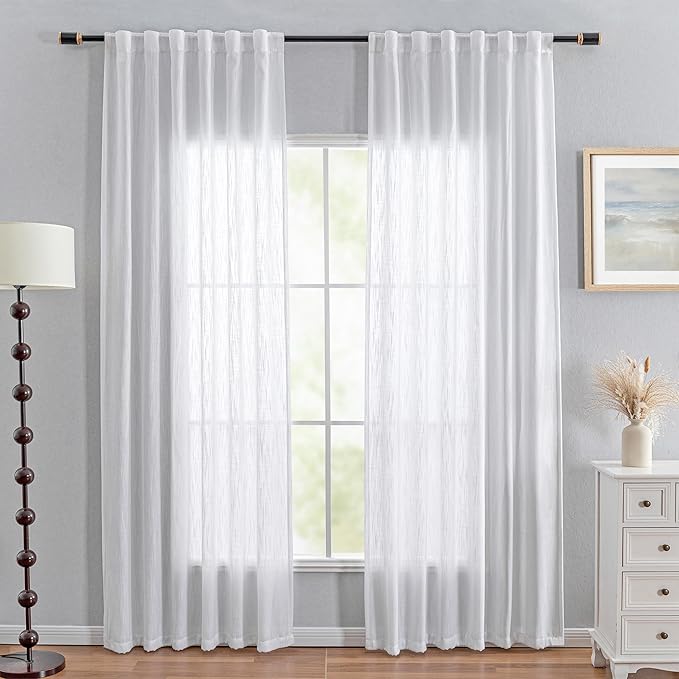 MYSKY HOME White Curtains for Living Room, Semi Sheer Curtains & Drapes Light Filtering Farmhouse Country Boho Style Back Tab Draperies for Sliding Glass Door (Customsize, Pure White)-Ruum Studio Home