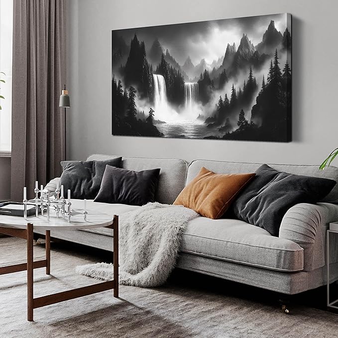 HUBOSKN Waterfall Pictures Wall Decor for Living Room - Mountain Wall Art for Office - Black and White Canvas Wall Art for Bedroom Size 24" x 48"-Ruum Studio Home