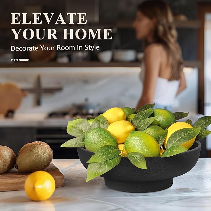 Large Decorative Resin Bowl, Modern Handicraft Bowls for Home Decor, Decorative Fruit Bowl for Kitchen Counter, Stylish Key Bowl for Entry Table, Artificial Stone Black-Ruum Studio Home