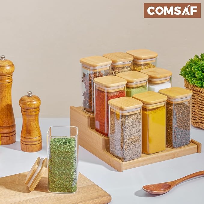 ComSaf 12Pcs Glass Spice Jars with Bamboo Lid, 10oz Airtight Square Containers with 275 Black Lables, Empty Seasoning Jars for Spice Salt Sugar-Ruum Studio Home