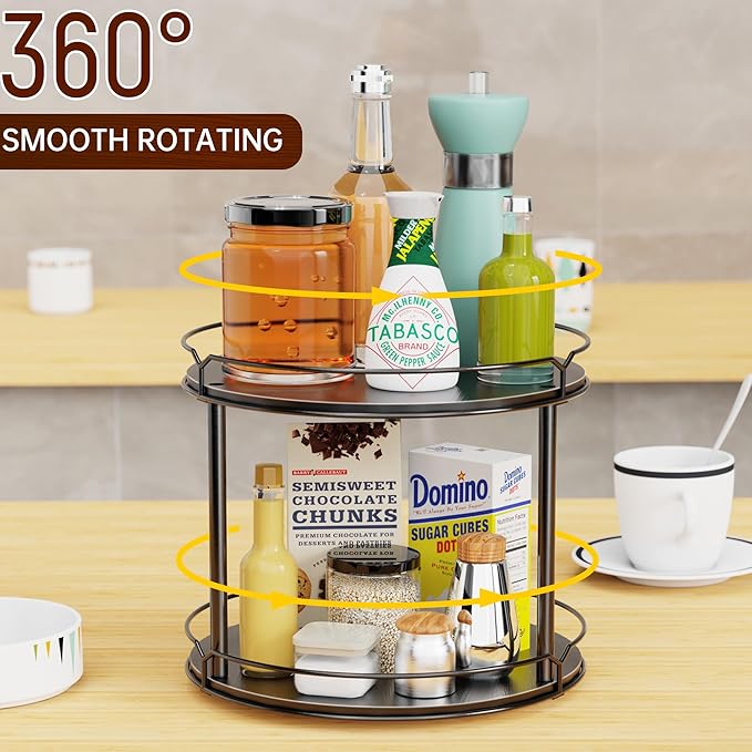 Lazy Susan Organizer 2 Tier - 12.4" Turntable Spice Rack for Table Top, Wooden Rotating Lazy Susan for Cabinet Pantry Kitchen Countertop Dining Table Cupboard Bathroom Vanity Storage(Black)-Ruum Studio Home