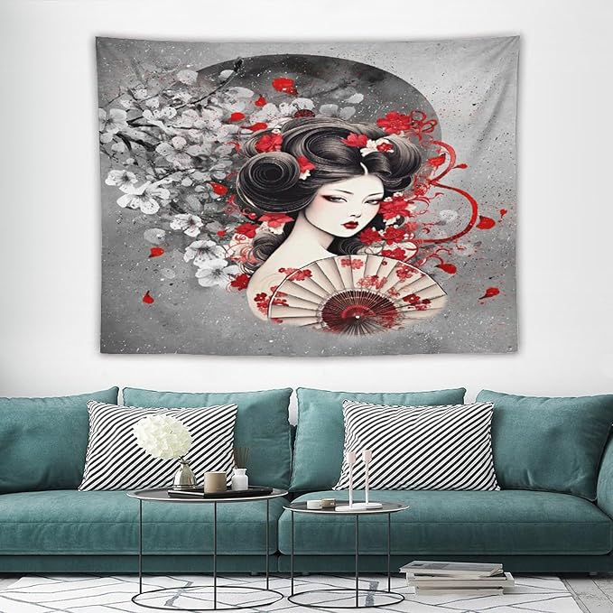 Japanese Geisha Tapestry Asian Red Cherry Blossom Red Sun Traditional Kimono Folk Tapestries Home Decor for Living Room Bedroom Apartment Farmhouse Dorm 80"x60"-Ruum Studio Home