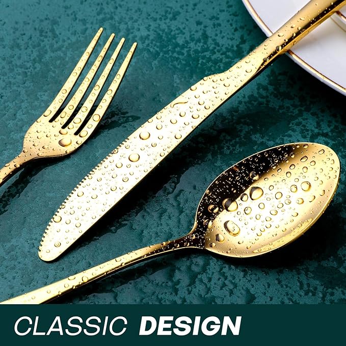 Gold Silverware Set for 8, OGORI 45-Piece Stainless Steel Flatware Set with Serving Set, Mirror Polished Cutlery Set with Serving Utensils Spoon for Kitchen Party Supply-Ruum Studio Home