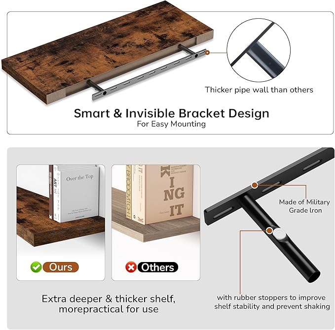 Fun Memories Floating Shelves - 2 Pack 12 Inch Rustic Wooden Wall Shelves - Extra Deeper & Thicker Wall Mounted Storage Shelf for Living Room, Kitchen, Farmhouse - 36" W x 12" D x 1.8" H - Brown-Ruum Studio Home