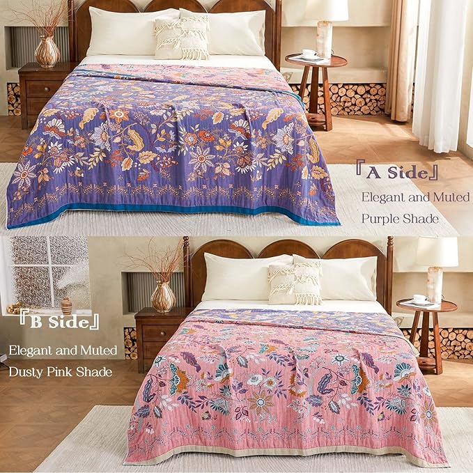 Boho Blanket, 100% Cotton Farmhouse Decorative Throw Blanket, 90"x98" Reversible Bohemian Throw Blanket, Purple All Season Muslin Breathable Woven Blankets Quilt-Ruum Studio Home