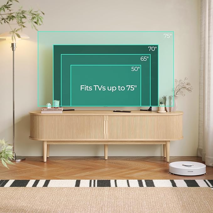 LINSY HOME Fluted TV Stand for 75" TV, Mid-Century Modern 70" Entertainment Center with Sliding Tambour Door and Storage Cabinet, Cruved TV Media Console Table for Living Room, Bedroom, Oak-Ruum Studio Home