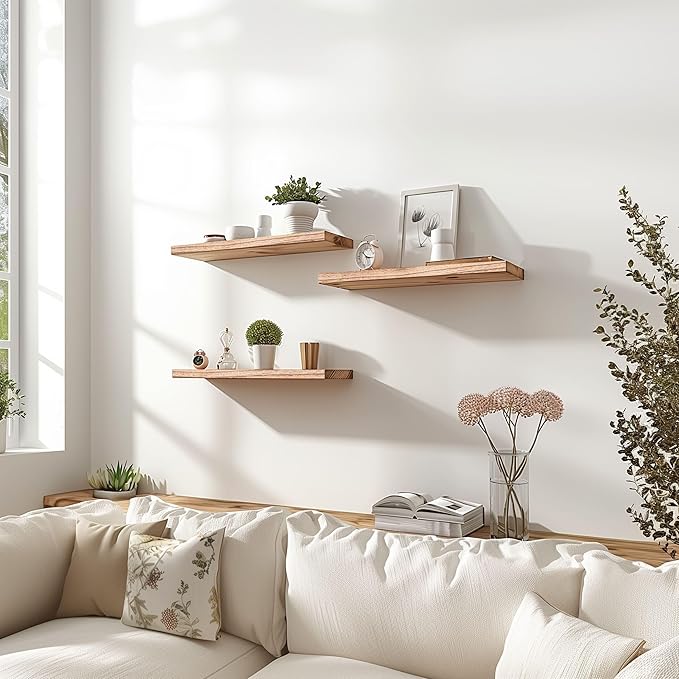 Wood Floating Shelves for Wall Decor, Rustic Wall Shelves for Bedroom Bathroom Kitchen Living Room, Set of 6 Light Walnut-Ruum Studio Home