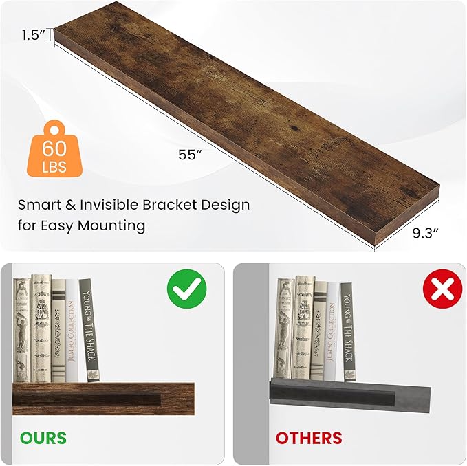 Floating Shelves for Wall, 55"W x 9.3"D x 1.5"H, Long Wooden Wall Mounted Display Shelf with Invisible Brackets for Living Room, Bedroom, Bathroom, Kitchen Decor & Storage,Set of 1,Rustic Brown-Ruum Studio Home