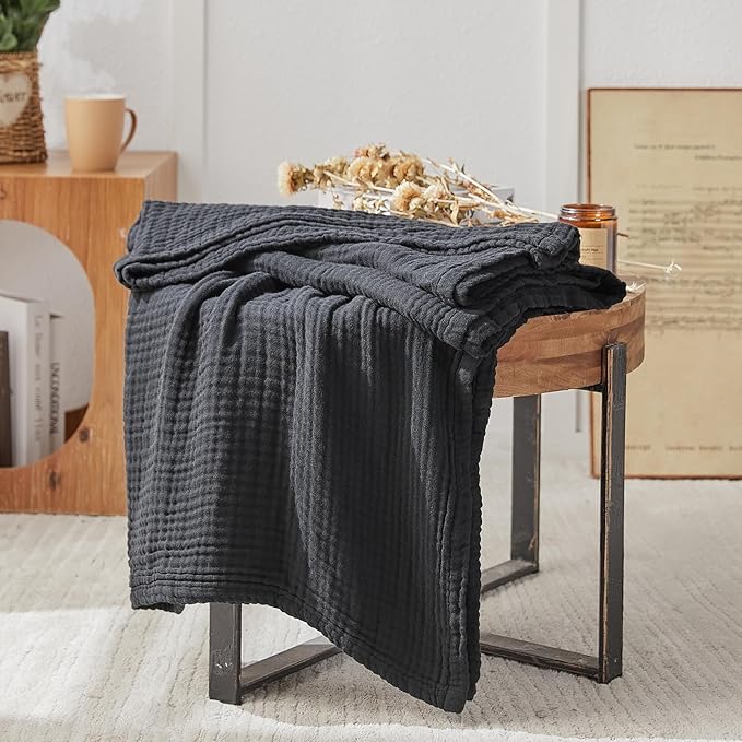 EMME Cotton Muslin King Blanket Bed Layering Breathable Gauze Blanket Soft Lightweight Blankets Adults (Black, 108"x90")-Ruum Studio Home