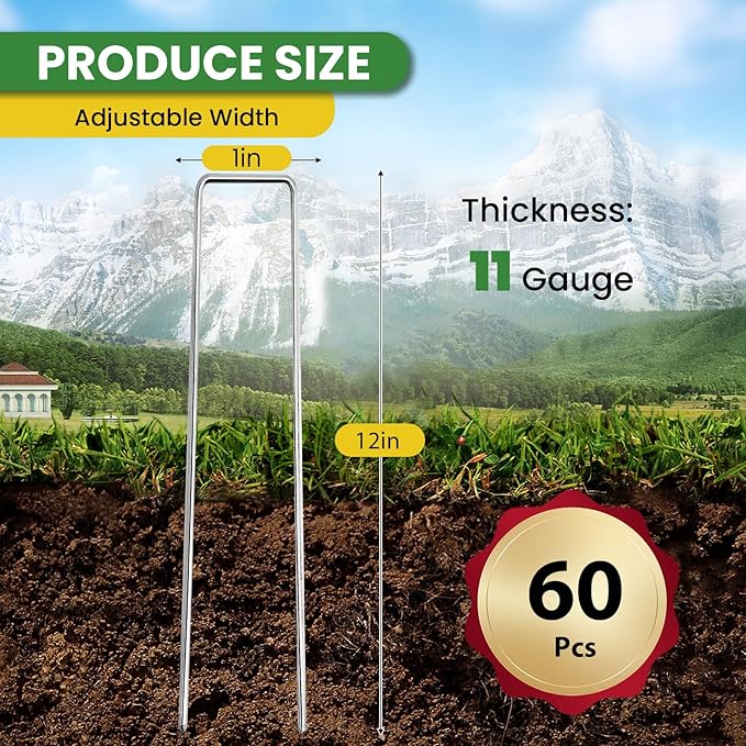 Landscape Staples 12 Inch 60 Pack, Garden Stakes Galvanized Garden Staples 11 Gauge, Plant Cover Stakes for Lawn Weed Barrier-Ruum Studio Home