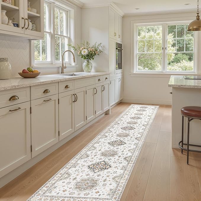 Washable 2.6x12 Runner Rug - Area Rugs Neutral Vintage Distressed Floral Farmhouse Boho Large Soft Floor Rug Indoor Carpet for Hallway Entryway Kitchen Home - Blue Brown-Ruum Studio Home