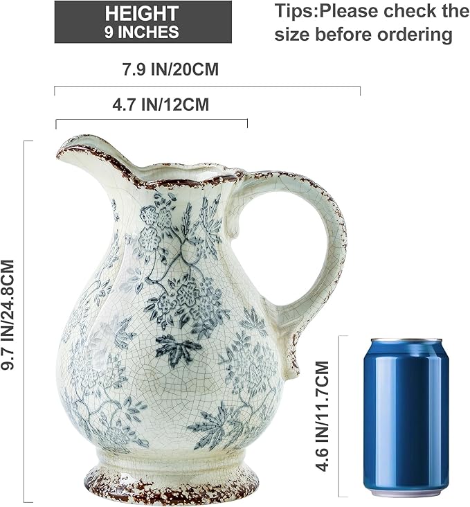 Enra Large Vintage Blue and White and Pitcher for Home Decor, 9.7 Inch Rustic Chinoiserie Decorative Vases, Green and Beige Ceramic Vases for Living Room, Kitchen, Office – Large Vases for Decor-Ruum Studio Home