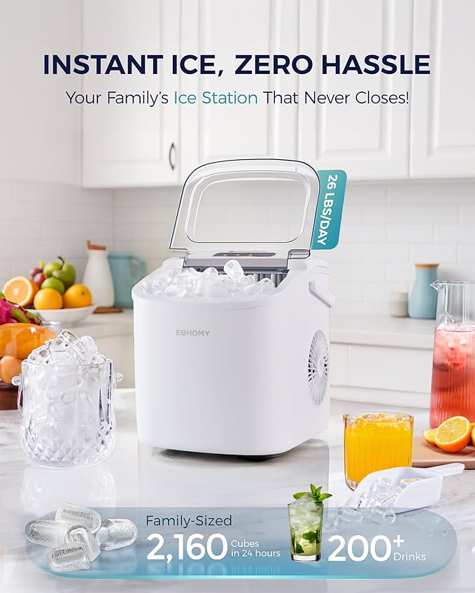 EUHOMY Countertop Ice Maker Machine with Handle, 26lbs Per Day, 9 Ice Cubes Ready in 6 Mins, Auto-Cleaning Portable Ice Maker with Basket and Scoop, for Home/Kitchen/Camping/RV (White)-Ruum Studio Home