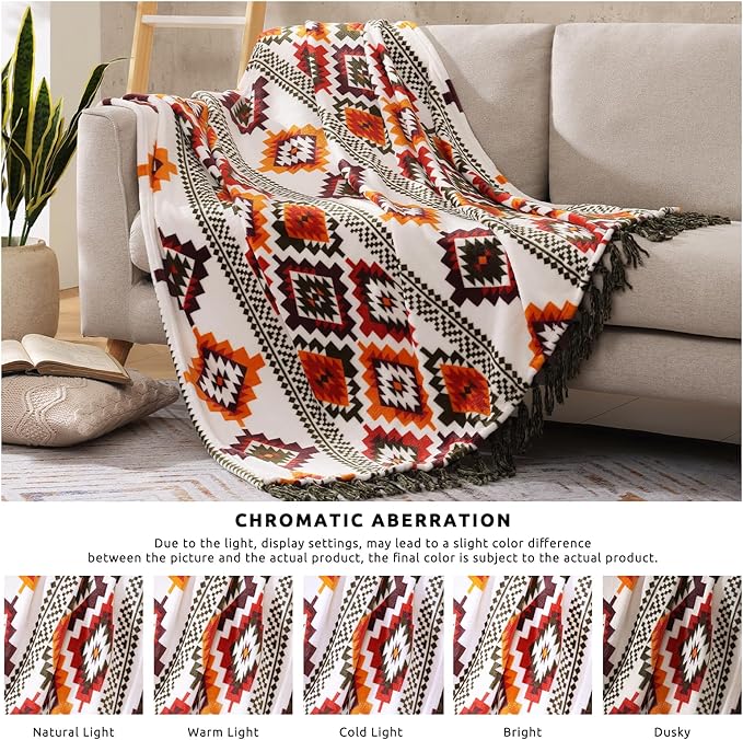 CASAAGUSTO Boho Throw Blanket - Orange and Green Decorative Blankets with Tassel, Printed Flannel Bohemian Blanket for Chair, Bed, Sofa, Couch(60 * 80, Orange and Green)-Ruum Studio Home