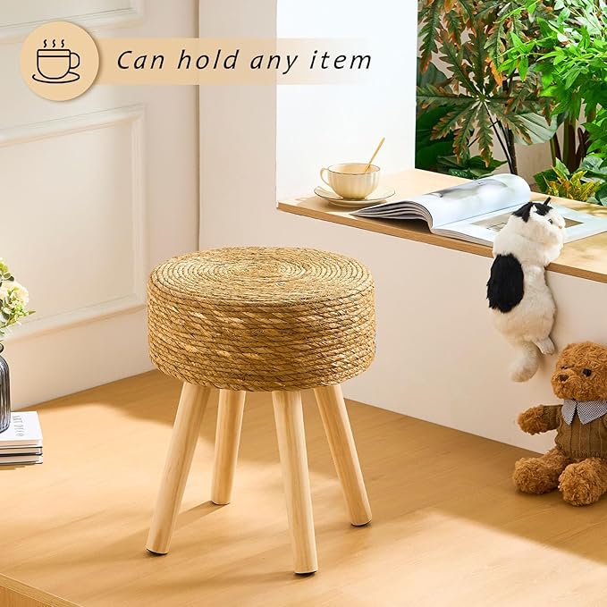 Handwoven Outdoor Ottoman, Water Hyacinth Pouf Round Patio Footstool with Wood Legs, 17-Inch Multipurpose Vanity Stool, Dining Chair, Patio Footrest for Balcony and Garden, Natural-Ruum Studio Home